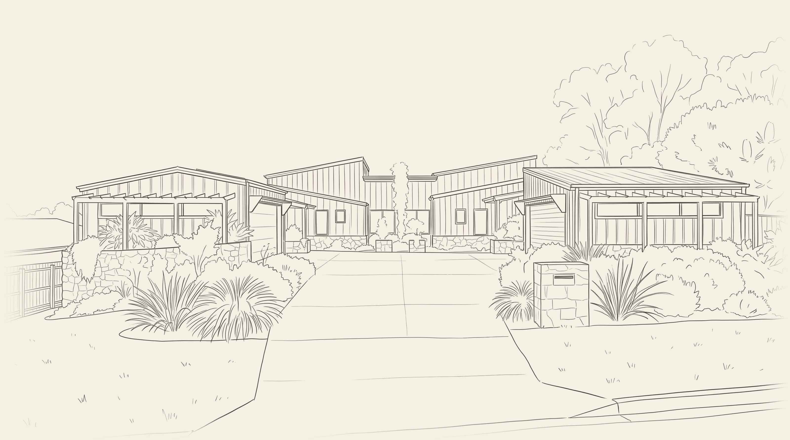 Line drawing of the duplex from the street, with its skillion roofs, pergolas and sandstone walls