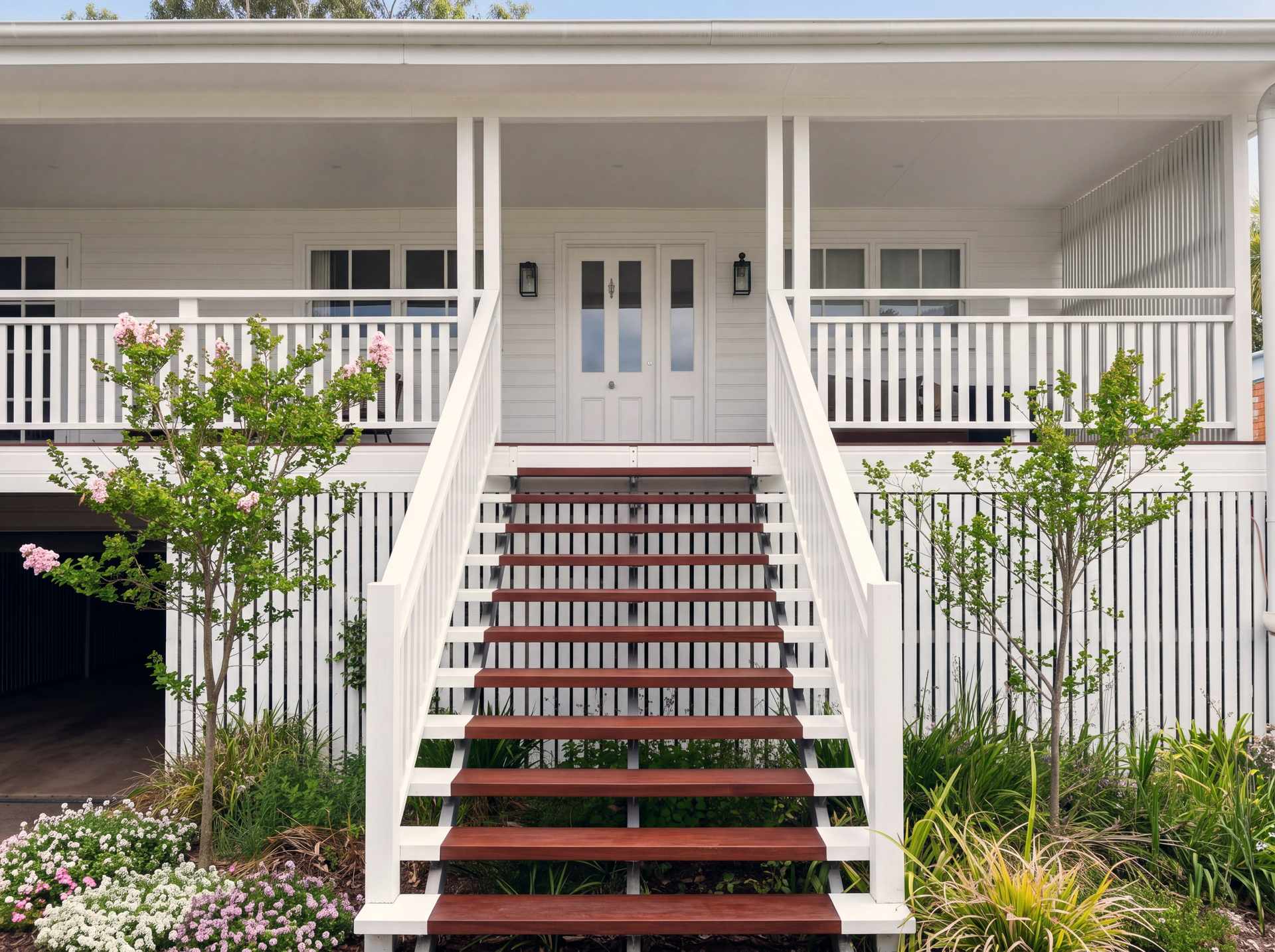 White timber stair rising to the front verandah, with a newly planted garden either side