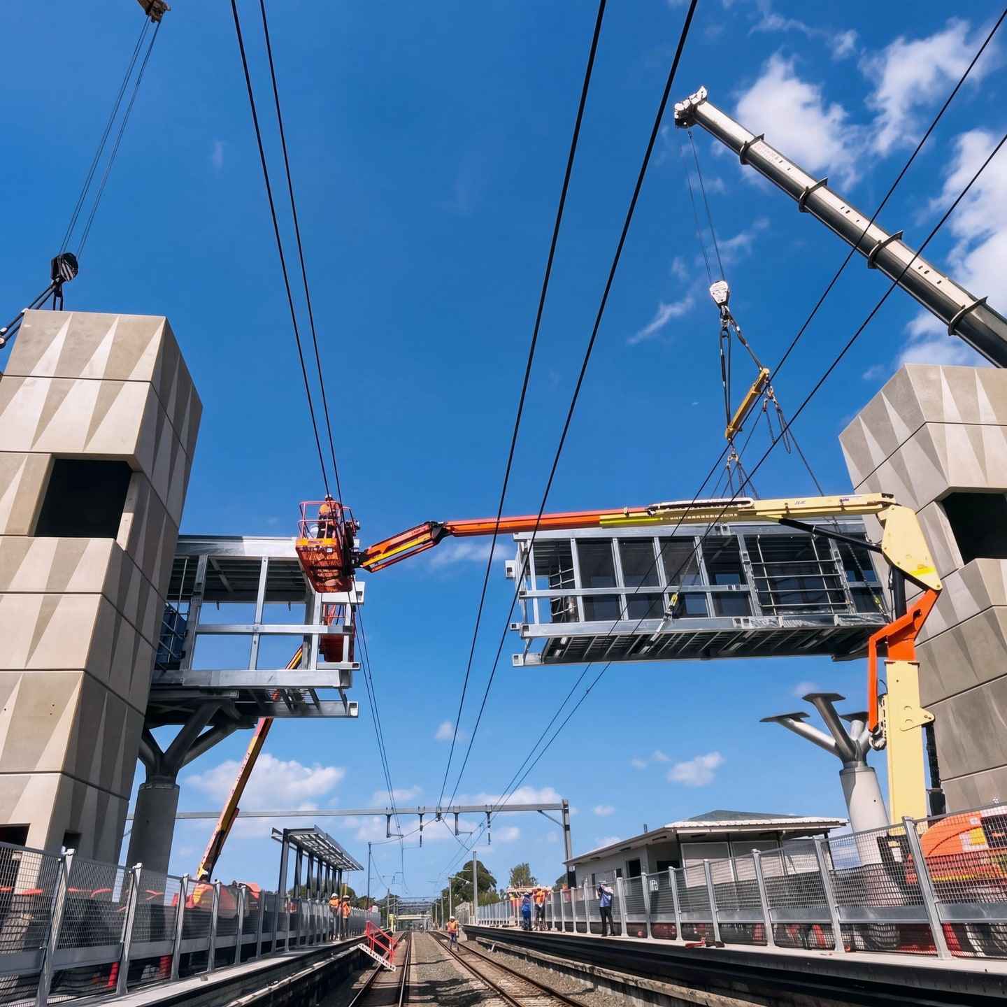 Two mobile cranes lift a new steel footbridge span between concrete lift towers over live railway tracks