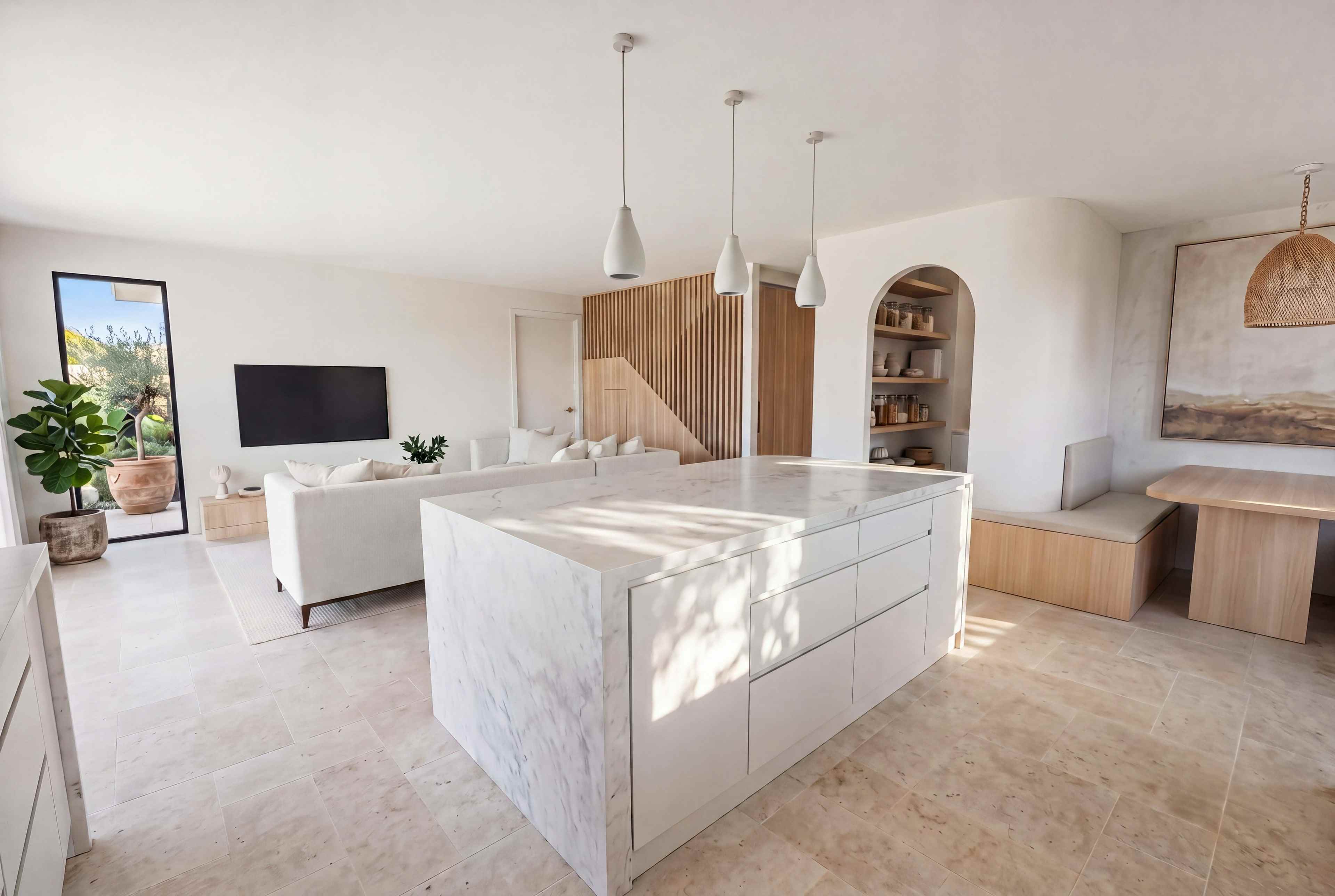 Kitchen island in dappled light with an arched pantry niche beside the living area