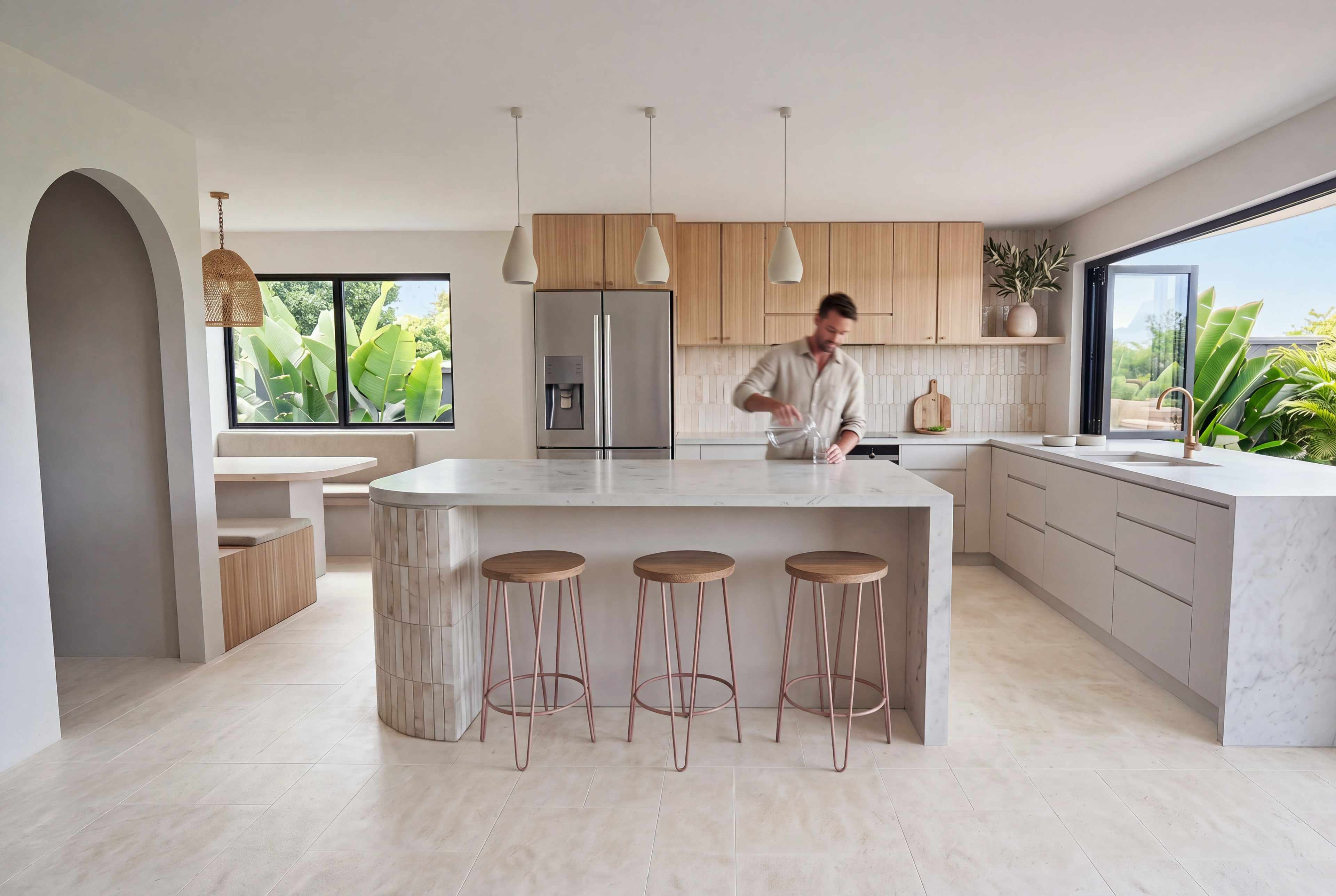 Kitchen with timber upper cabinets, a curved island with three stools and an arched opening
