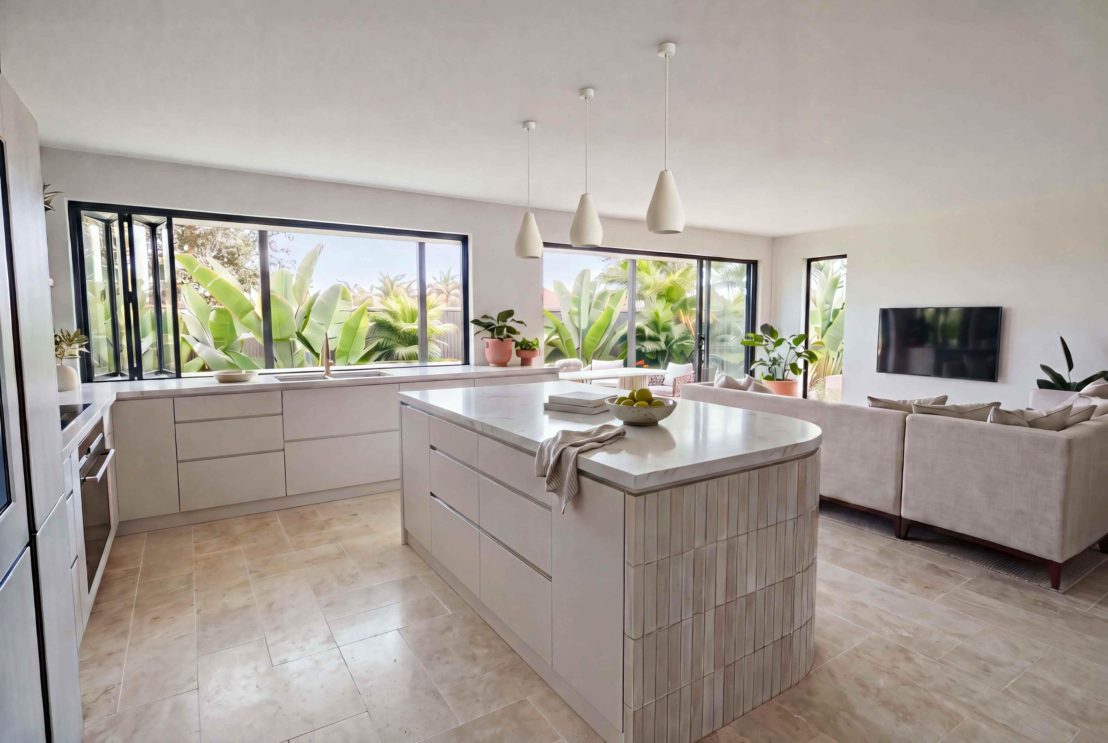 Kitchen bench and bifold window looking out to tropical planting