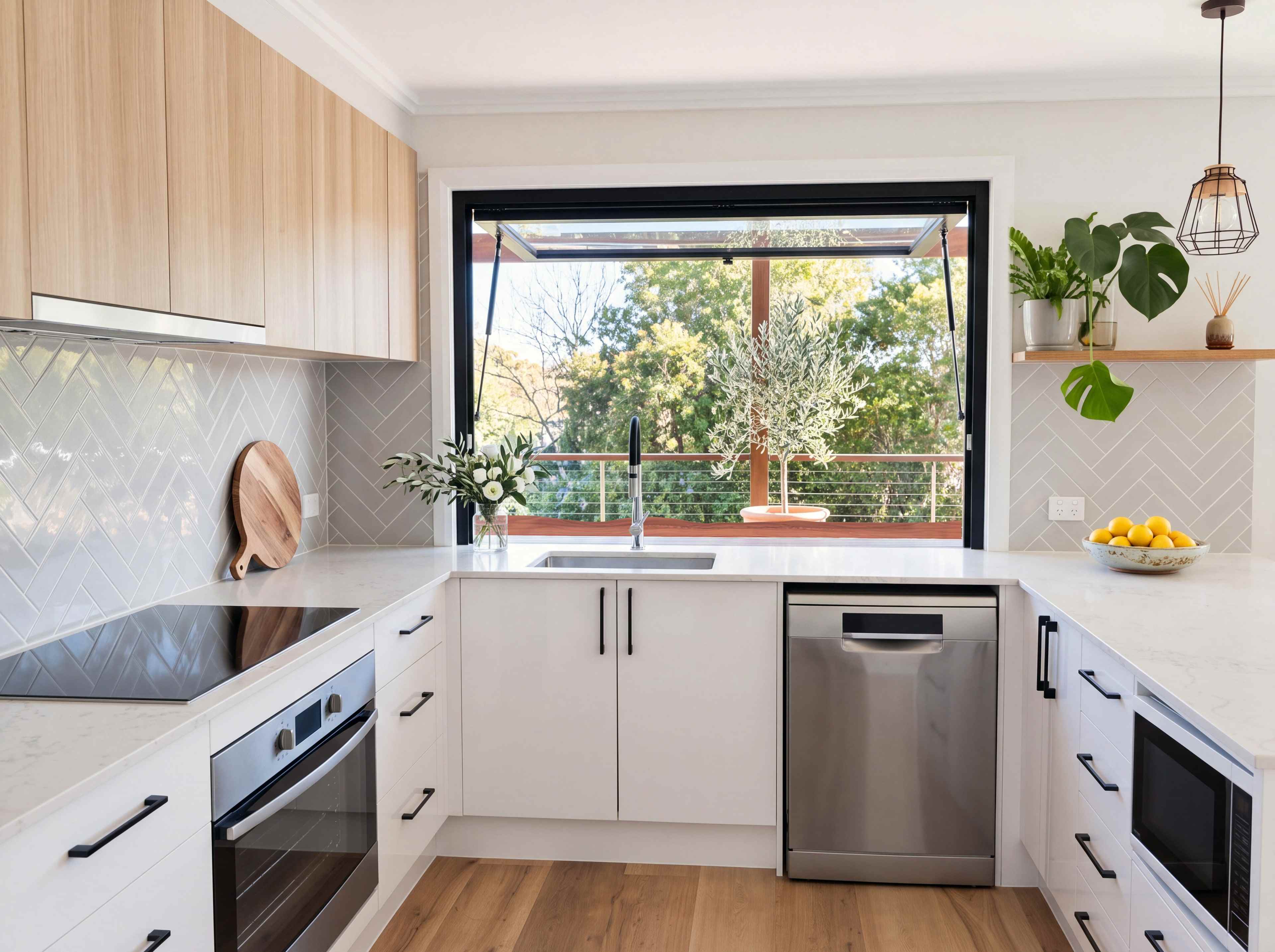 Servery window over the kitchen sink, propped open over the live-edge timber bar outside, with an olive tree on the deck, grey herringbone tiles and a floating oak shelf
