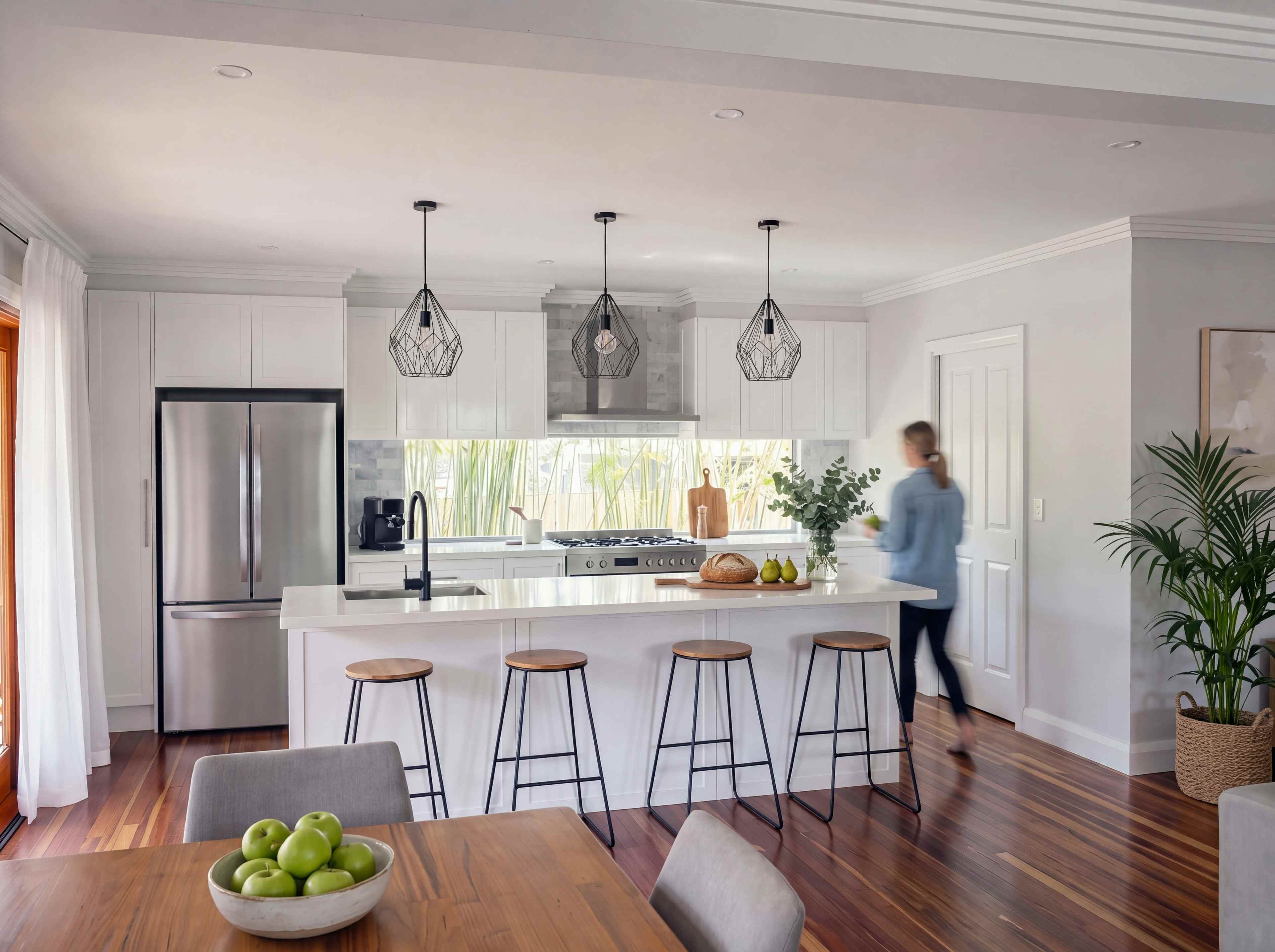 White shaker kitchen with a stone island, three black cage pendants and a window splashback looking onto bamboo
