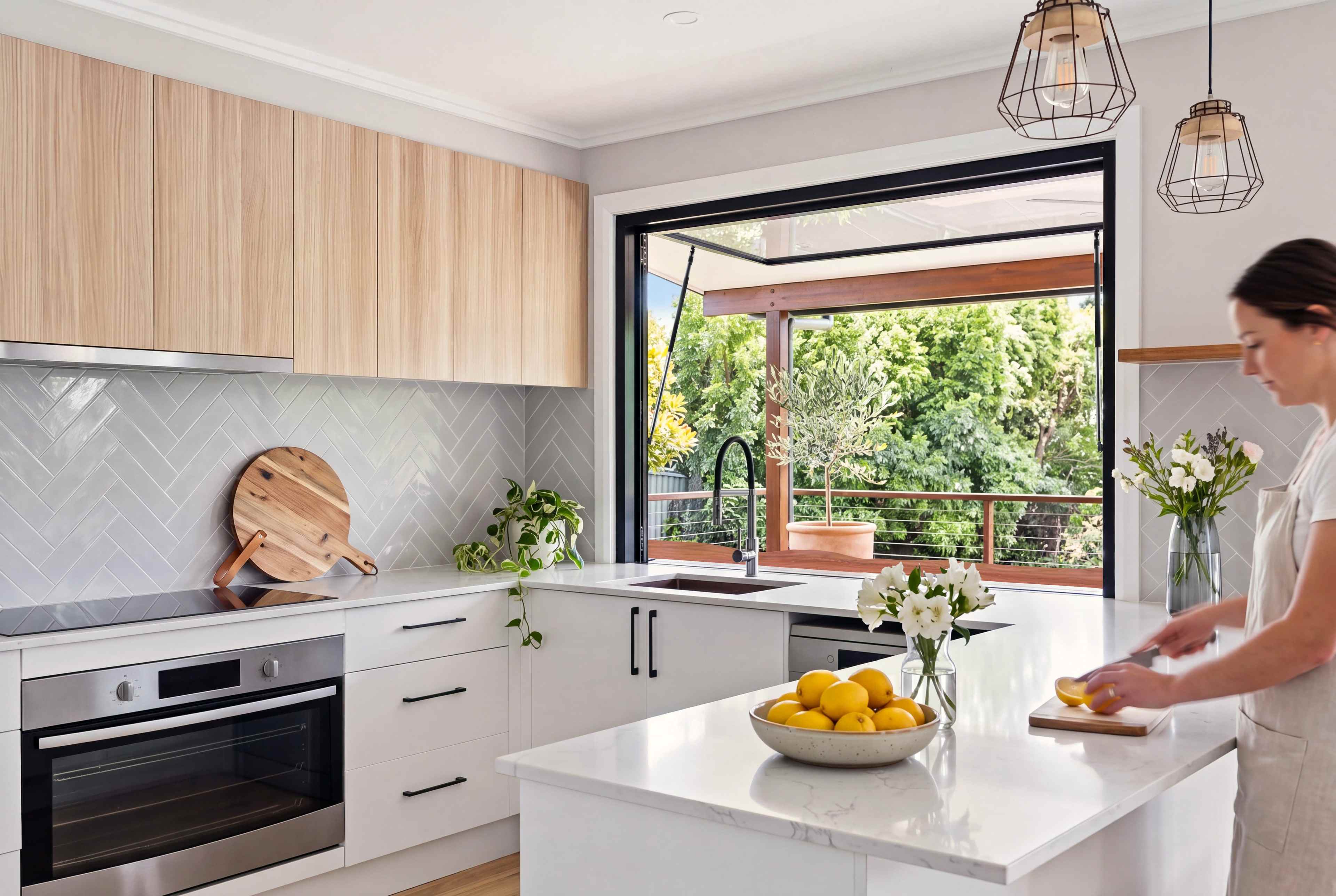 Kitchen with pale oak upper cabinets, grey herringbone tiles, dark bronze cage pendants and a wide servery window to the covered deck, with the live-edge timber bar outside
