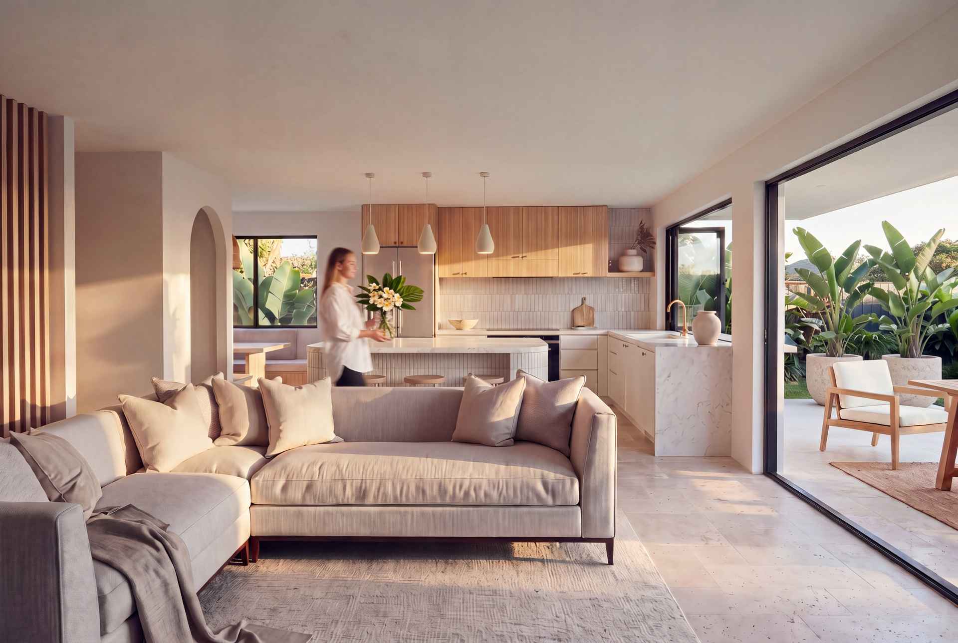 Open-plan living room and kitchen in late afternoon light, with timber battens and an arched opening