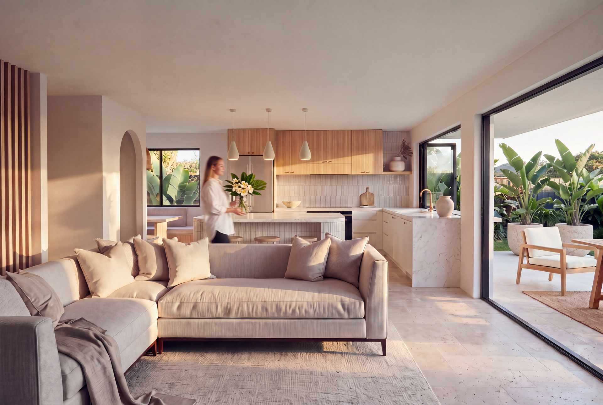 Open-plan living room and kitchen in late afternoon light, with timber battens and an arched opening