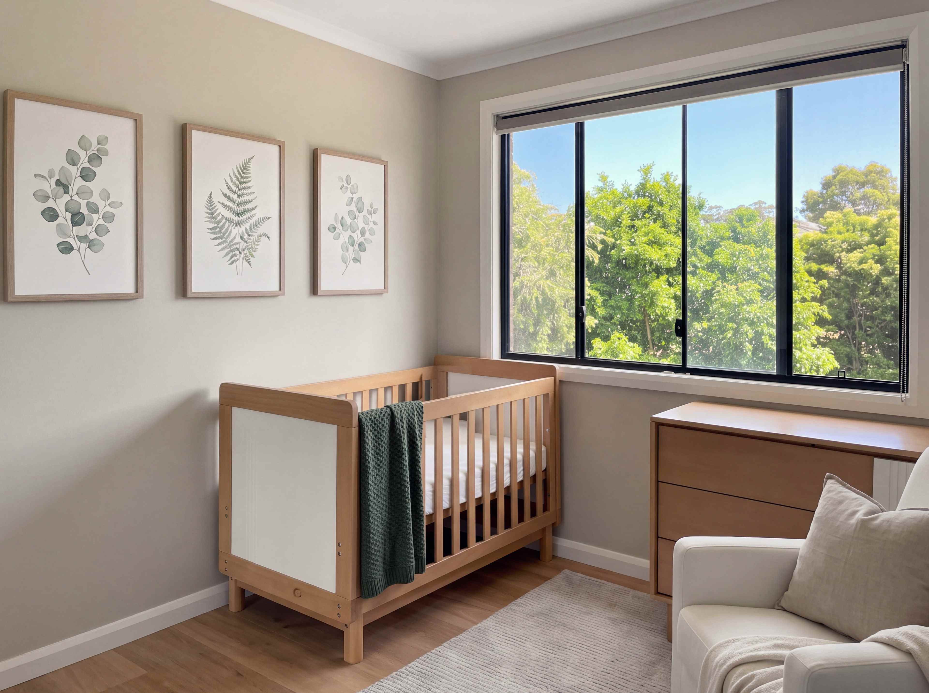Nursery with a timber cot under three botanical prints, a wide window to the garden and an oak chest of drawers