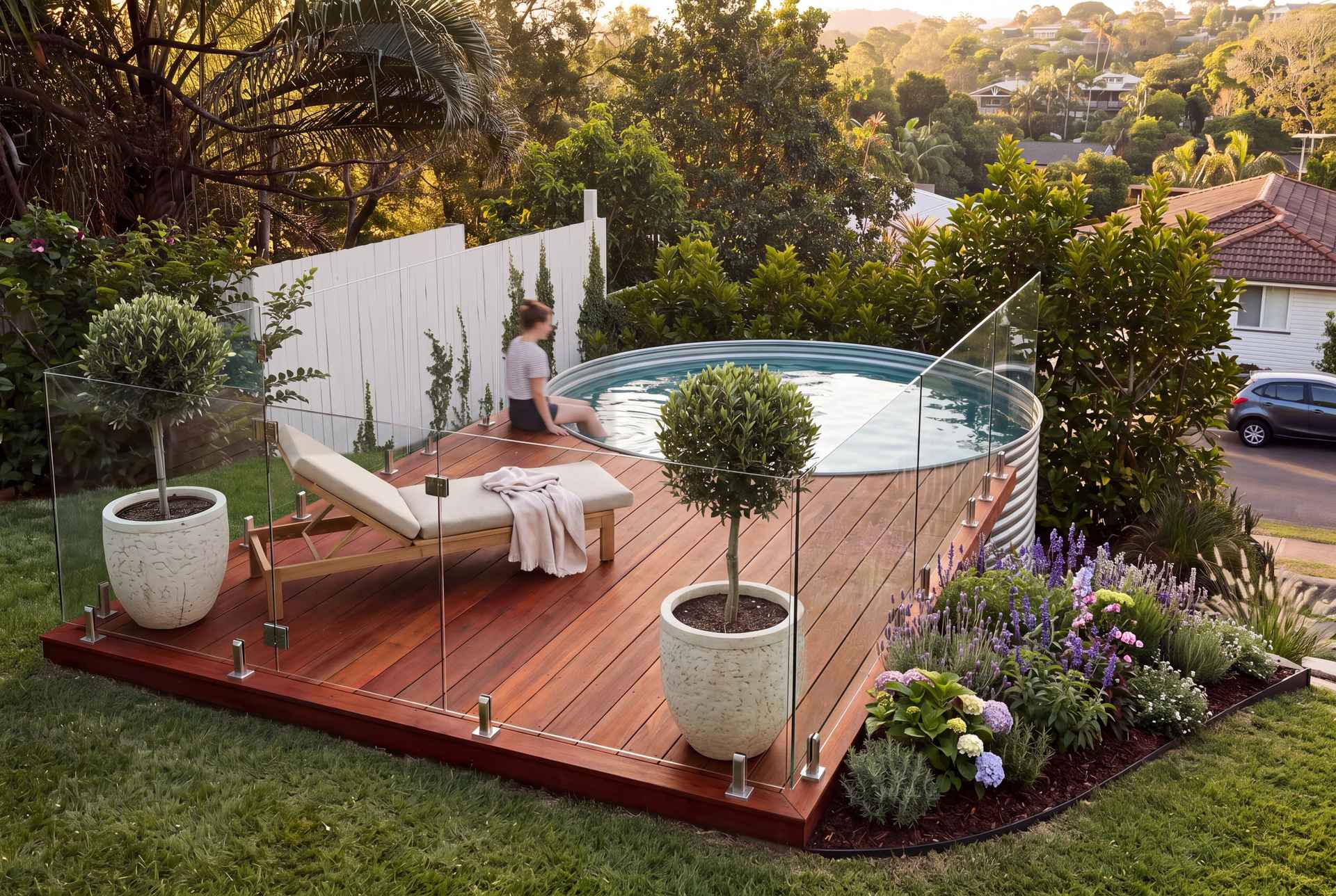 Stainless steel plunge pool set into an ironbark deck enclosed by frameless glass, with a white fence, olive trees and lavender at golden hour