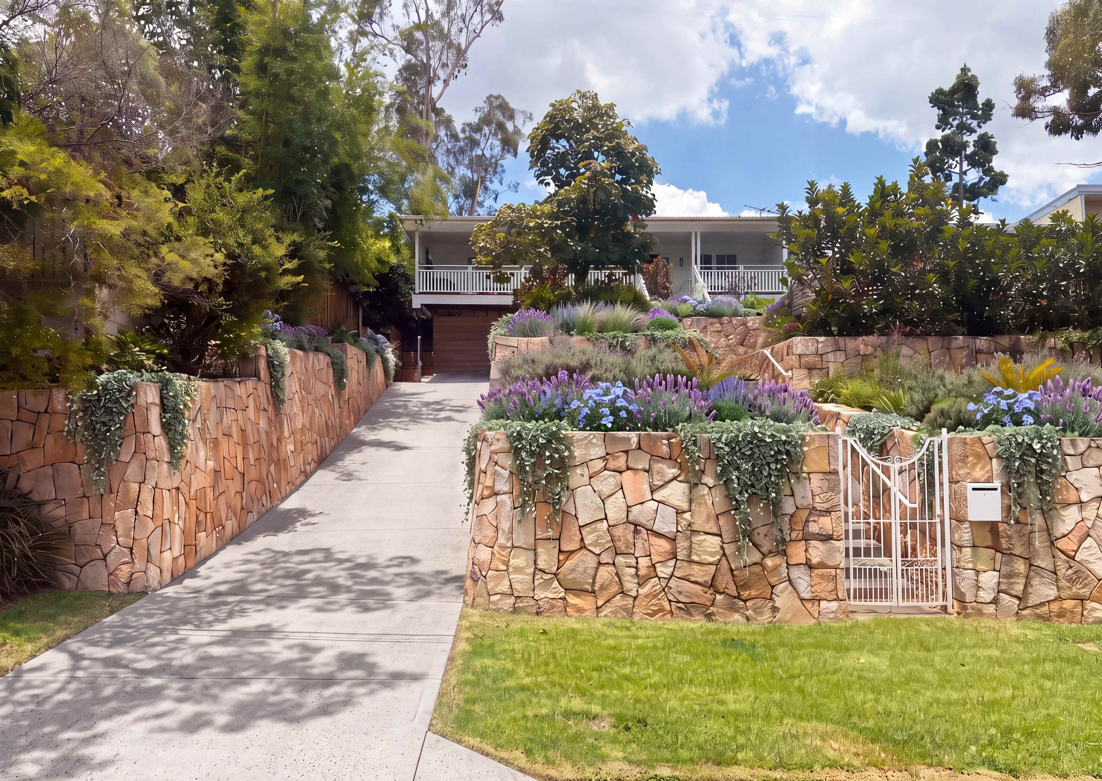 Clean sandstone retaining walls and an arched white wrought-iron gate below terraced beds of lavender