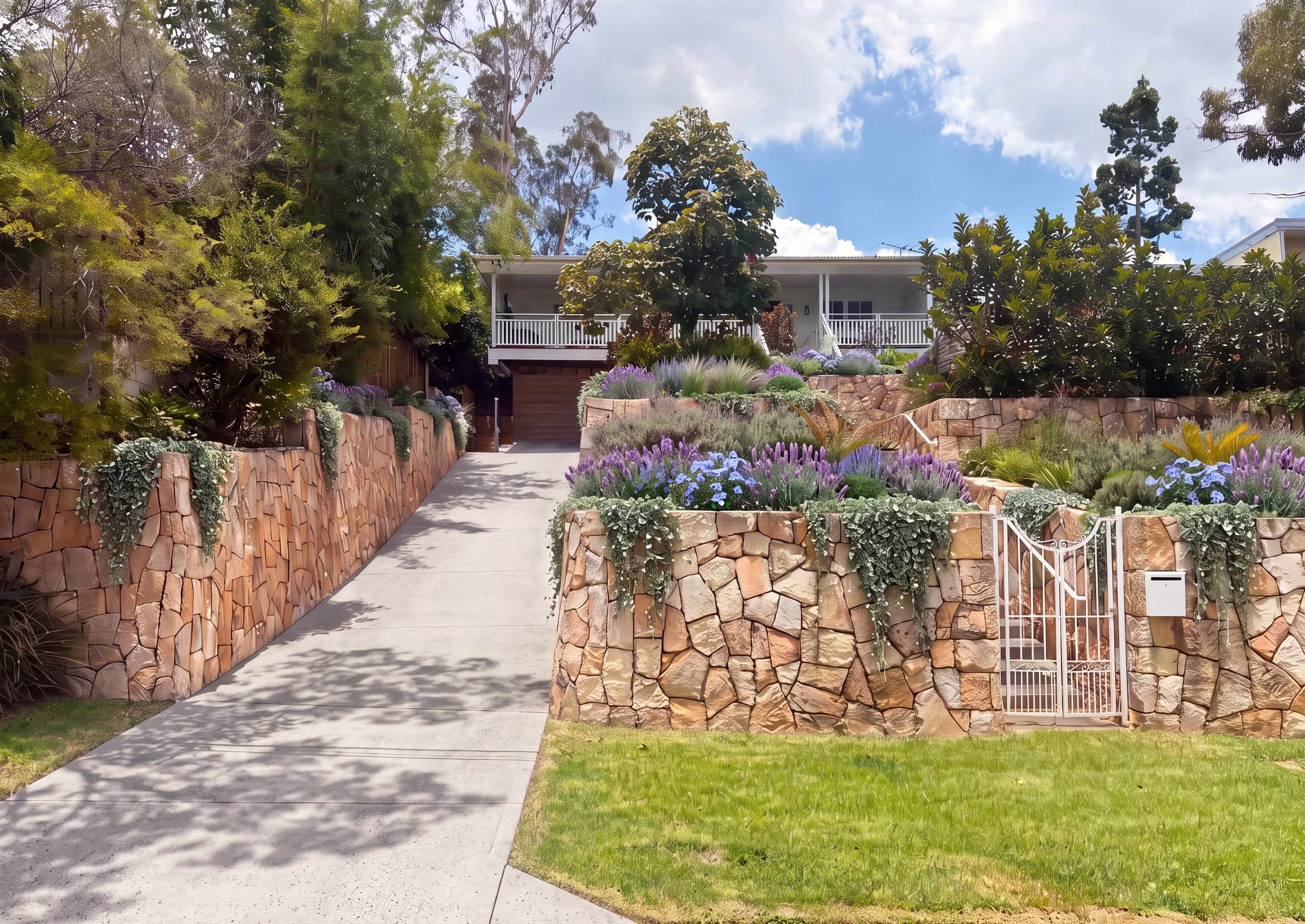 Clean sandstone retaining walls and a white wrought-iron gate below terraced beds of lavender