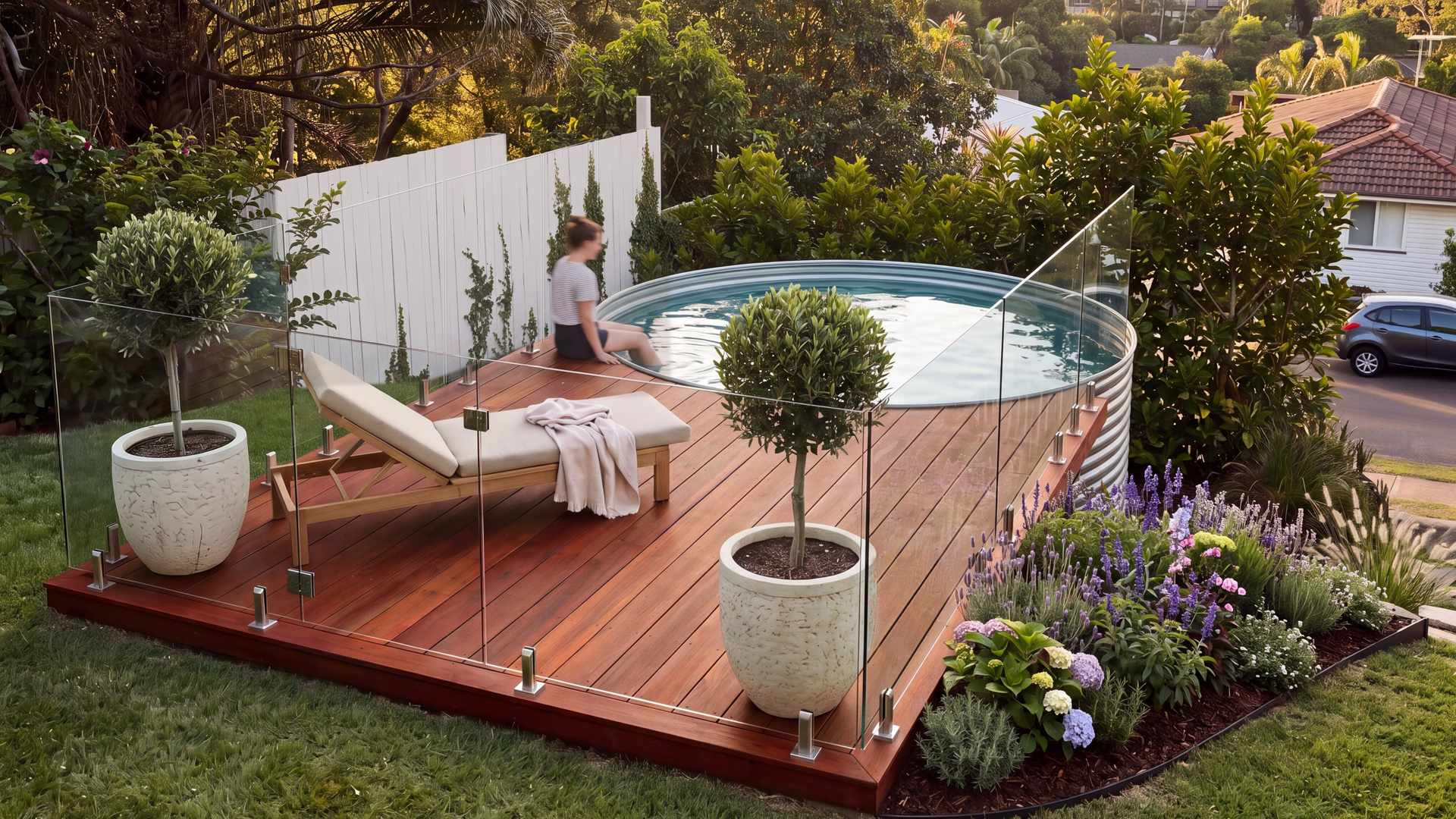 Stainless steel plunge pool set into an ironbark deck enclosed by frameless glass, with a white fence, olive trees and lavender at golden hour