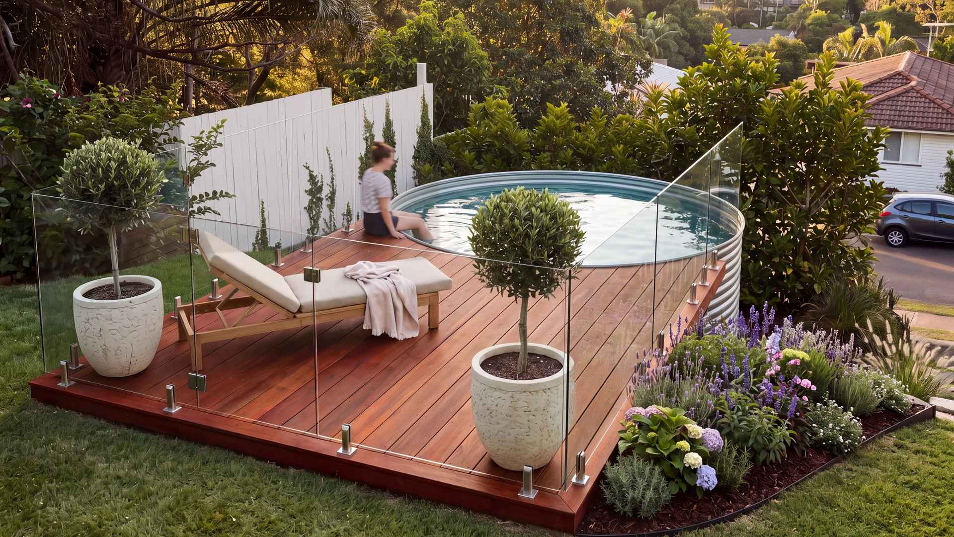 Stainless steel plunge pool set into an ironbark deck enclosed by frameless glass, with a white fence, olive trees and lavender at golden hour