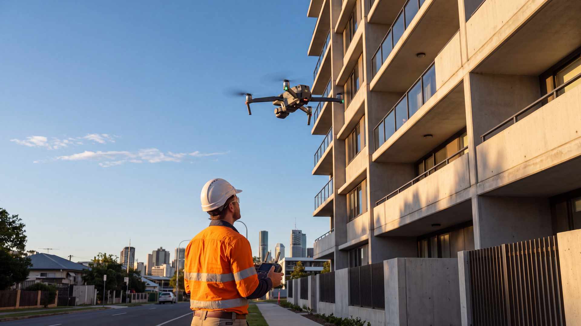 A site engineer in hi-vis and a hard hat flies a mapping drone beside the upper floors of a concrete apartment tower at golden hour