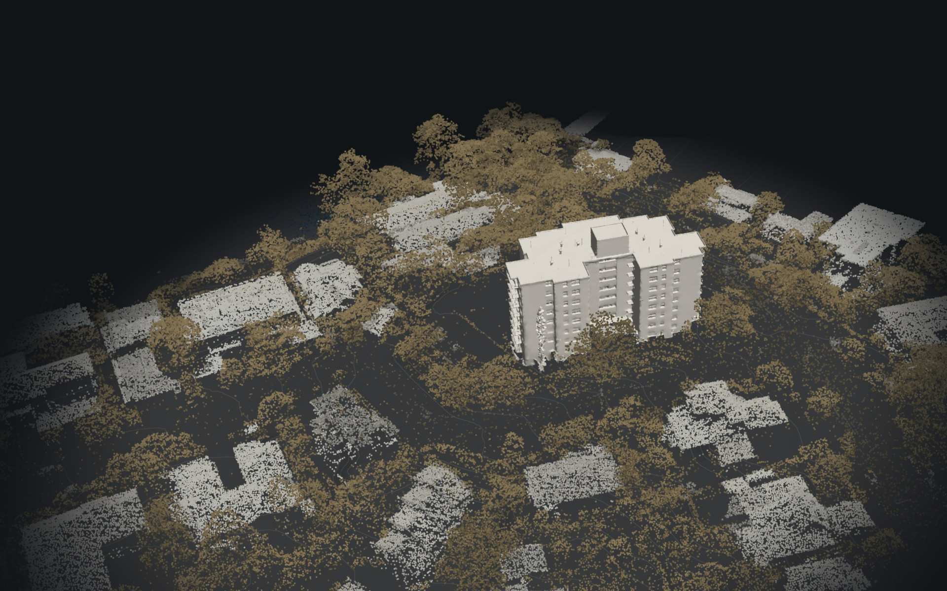 The St Lucia tower, drawn from 315 drone photos, among the LiDAR of the streets around it, seen from above