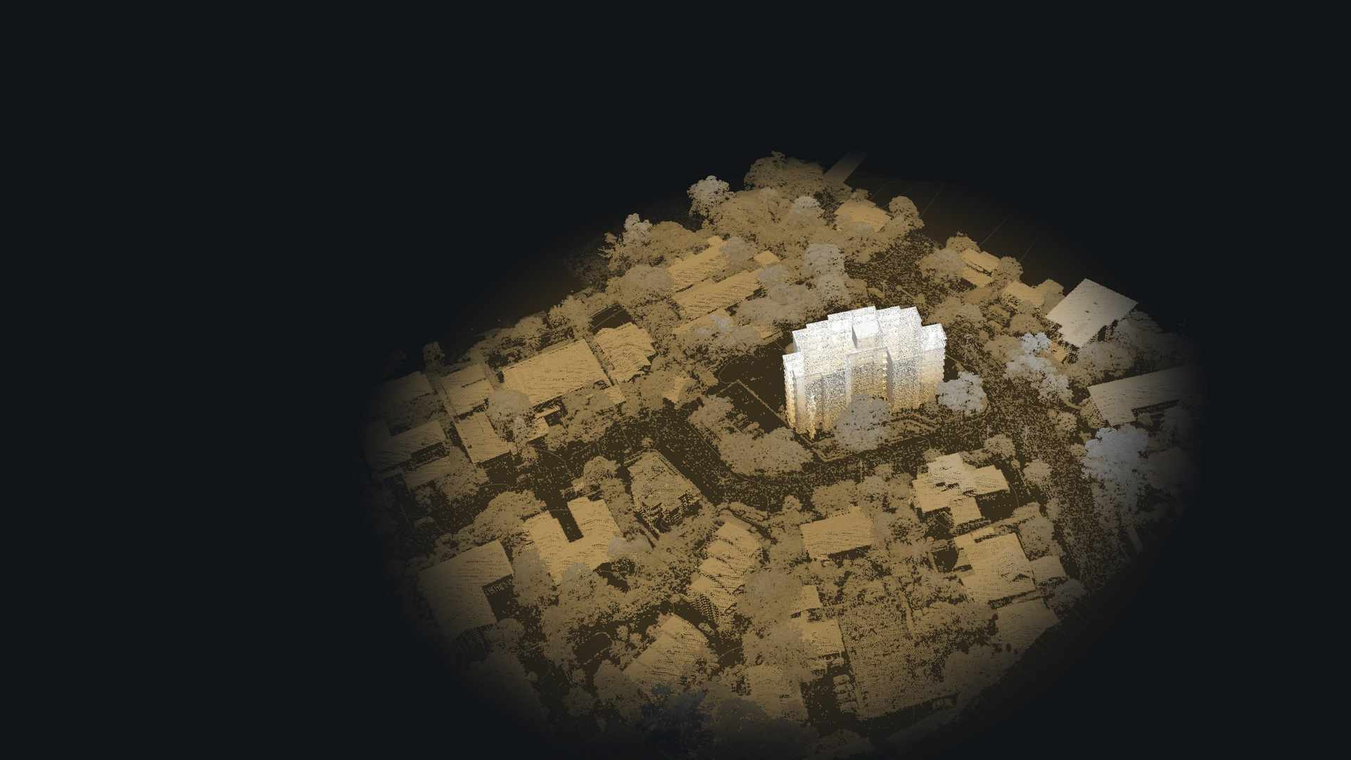 A drone's flight in over the LiDAR of the streets around the St Lucia tower: the tower turns from points into a model, changes style as its height, length and width are measured, shows a crack found on its wall, then the camera climbs out through the drone's 315 photo positions