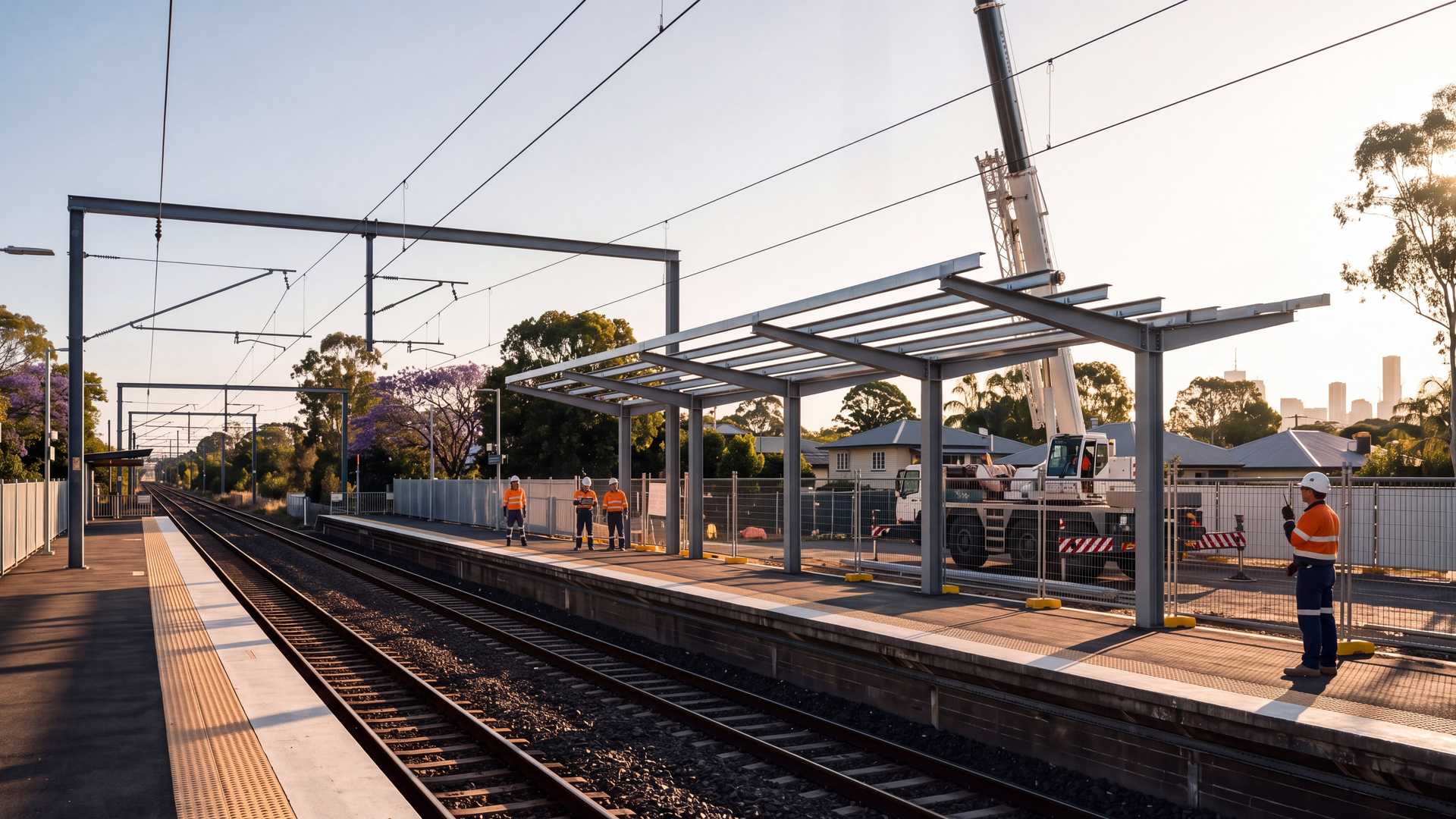 A suburban station upgrade at golden hour: the steel frame of a new platform canopy, a mobile crane parked behind the fence and the crew on the platform